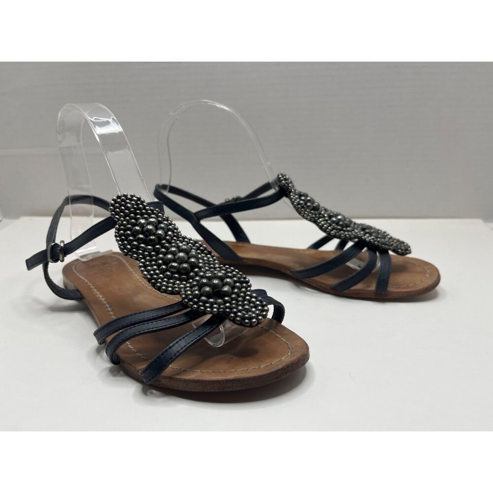 Boden Strappy Beaded Flat Sandals Black Leather Upper Brown Sole Size 37/ 6.5